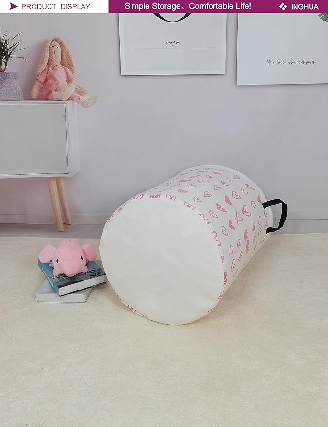 Laundry Hamper Large Canvas Fabric Lightweight Storage Basket/Toy Organizer/Dirty Clothes Collapsible Waterproof for College Dorms, Boys and Girls Bedroom,Bathroom(Pink hearts)