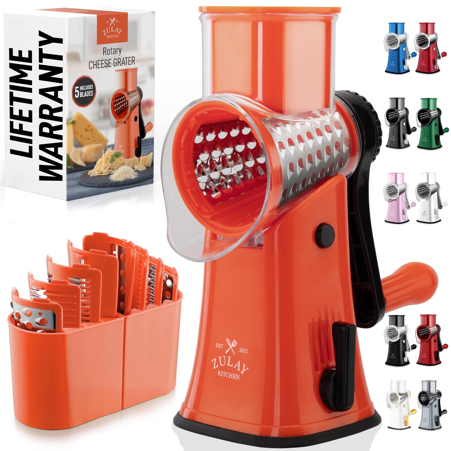 Zulay Kitchen Rotary Cheese Grater 5 Blade Cheese Shredder - Manual Hand Crank Cheese Grater With Reinforced Suction & 5 Interchangeable Drums - Easy to Use, Vegetable Chopper Round Mandoline Slicer