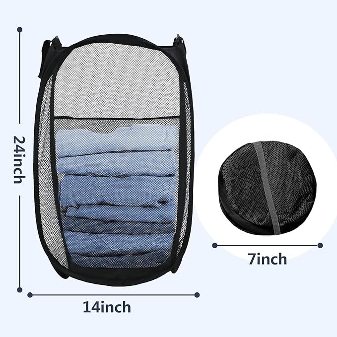 Pop Up Laundry Hamper, Mesh Laundry Basket Collapsible, Foldable Hamper for Travel and Storage (Black)