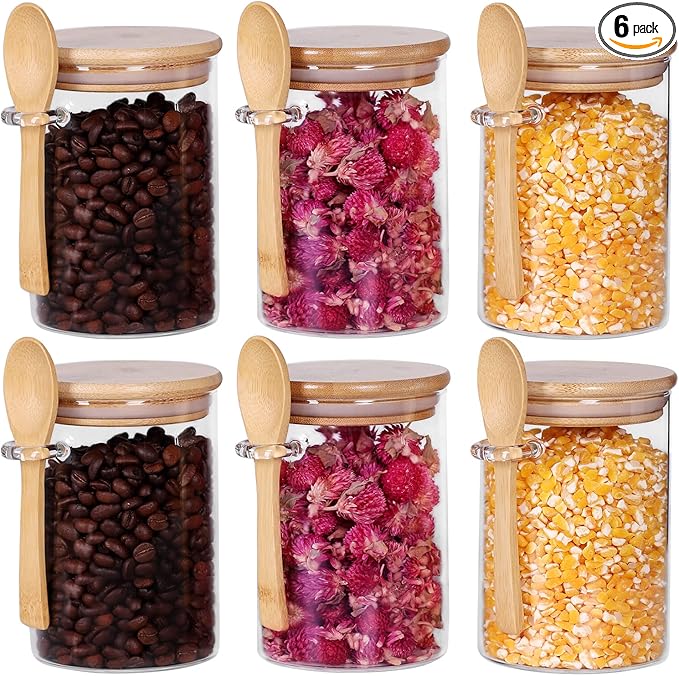 Glass Jar with Bamboo Lid and Spoon, 3 Pack 16 OZ Tea Containers for Loose Leaf Tea, Salt and Sugar Containers for Countertop, Yogurt Jars for Overnight Oatmeal