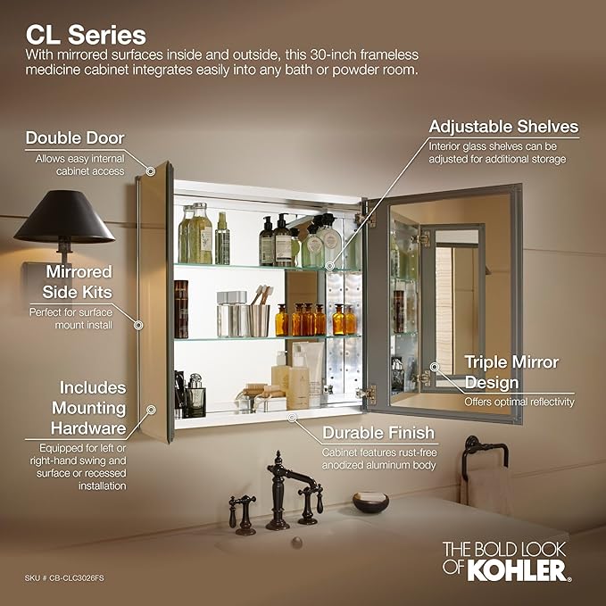 Kohler CB-CLC3026FS Bathroom Medicine Cabinet with Mirror, Beveled Mirror Doors, Adjustable Shelves, Rectangular Beveled Edge, 30 in. W x 26 in. H