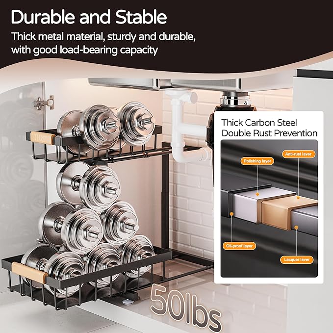 ADBIU Under Sink Organizer, 2 Pack 2 Tier Expandable Height (13.2" - 17.2") Pulling Out Kitchen Bathroom Cabinet Organizers