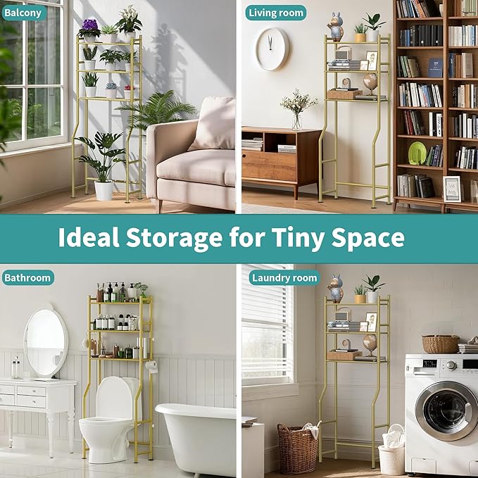 3-Tier Over The Toilet Storage with Paper Holder, Metal Bathroom Organizers and Storage for Small Space, Freestanding Bathroom Shelves with 4 Hooks, Above The Toilet Storage Shelf (Gold)