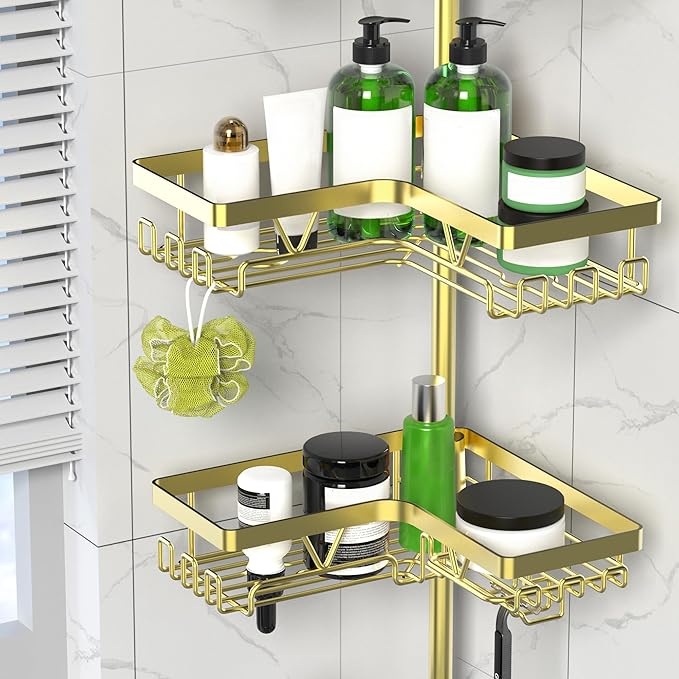 Shower Caddy Tension Pole - Gold Corner Shower Caddy Stainless Steel Bathroom Shower Organizer for Tub Tension Rod Corner Shower Shelves(22-114.2inch)