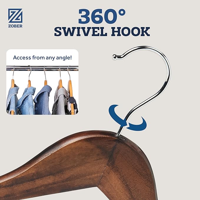 ZOBER Wooden Hangers - Heavy Duty, Non Slip Wood Hangers for Coats, Jackets, Suits, & Pants - Coat Hangers for Closet W/Bar and Notches 20 Pack