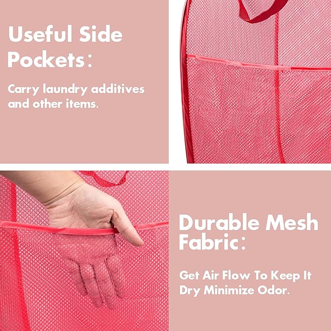 DUCOO Pop Up Hamper, 2 PCS Mesh Pop Up Laundry Hamper, Foldable Mesh Laundry Basket with Space Saving Design for Home, Dorm, Travel and Storage, Red