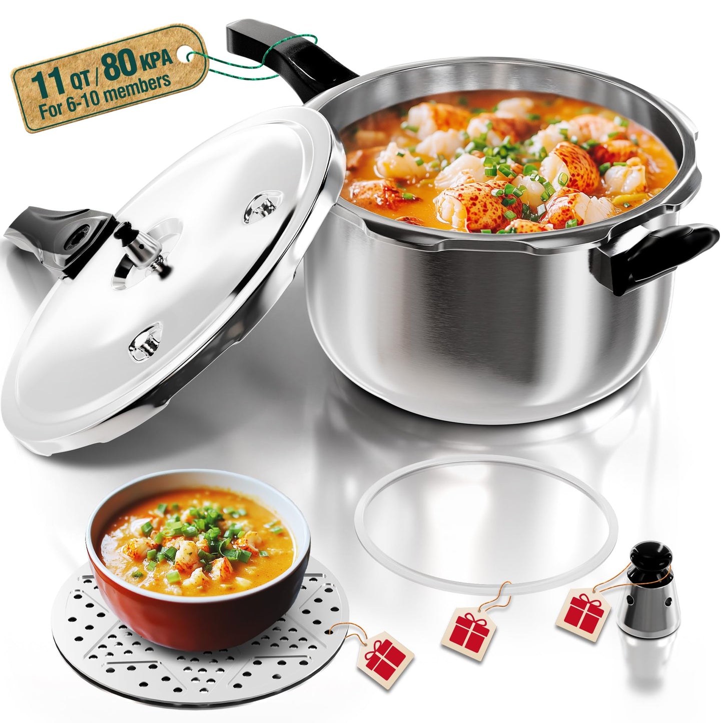 WantJoin Stainless Steel Pressure Cooker(Non-Aluminum),11 Quart Induction Compatible Pressure Cooker with Spring Valve Safeguard Devices,Compatible with Gas & Induction Cooker