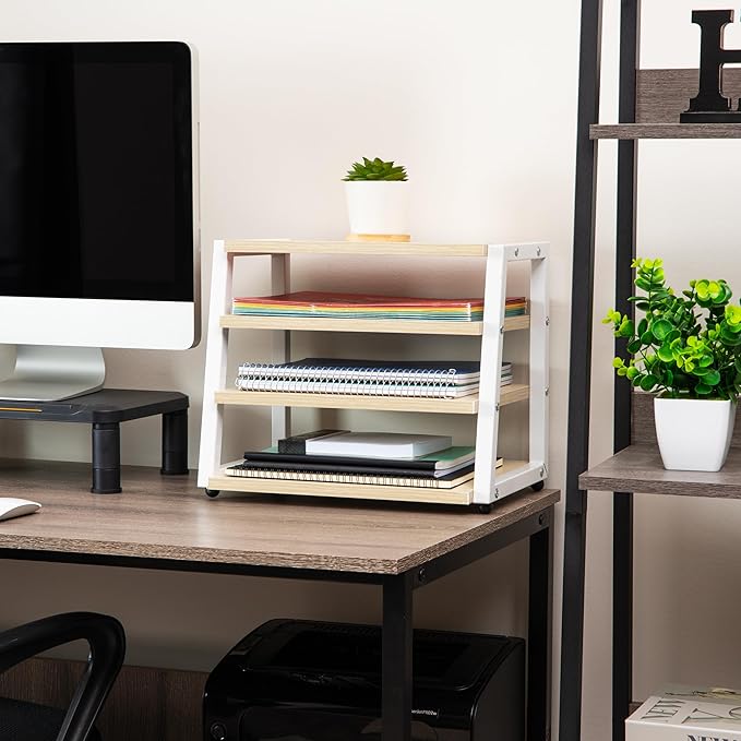 Mind Reader 4-Tier Desk Organizer, File Storage, Documents, Office, Metal, MDF, 14.5" L x 10.5" W x 12" H, White