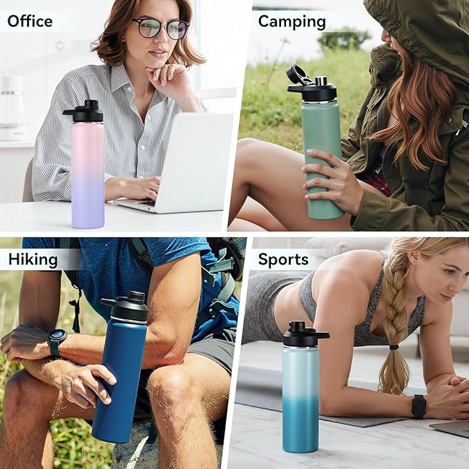 24 oz Insulated Water Bottle with Handle, 307 Stainless Steel Water Bottles with Wide Mouth, Double Wall Vacuum Sports Water Bottle, BPA Free, Keep Cold and Hot, Coastal Fade