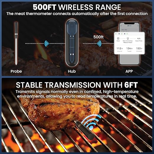 iDiAK Wireless Meat Thermometer for Grilling and Smoking, CP10 New Gen 500FT Meat Probe Thermometers, Dual Sensor, Dual Alarm, Smart Food Thermometer Probe for BBQ, Oven, Grill, Smoker, Sous Vide
