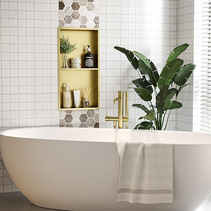 Neodrain Shower Niche Double Shelf Stainless Steel No Tile Needed Bathroom Niches Recessed in Wall, 2-Tier Recessed Wall Niche Waterproof Cubby(12X24Inch Golden)