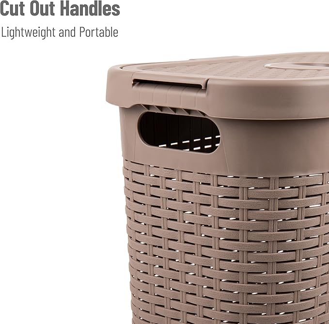 Mind Reader Slim Laundry Hamper with Lid, 40L Clothes Basket, Premium Wicker Design, Plastic, Tan