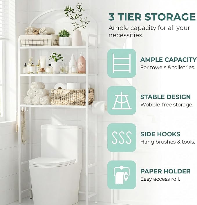 3-Tier Over The Toilet Storage, Bathroom Organizer, Space-Saving, Above Toilet Storage Rack with 4 Hooks and Paper Holder, Metal Shelf, White