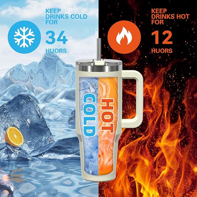 30 oz Tumbler with Handle,Tumbler with Lid and Straw,Double Wall Insulated Cup Stainless Steel Travel Mug(Cold for 34 Hours),Water Bottle for Iced Tea,Coffee,Cold Beverages(Cream White)