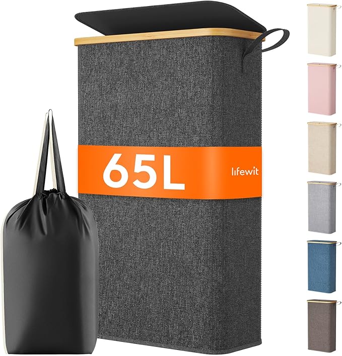 Lifewit 65L Slim Laundry Hamper with Lid, Narrow Laundry Basket with Removable Bag & Bamboo Handles, Fodable Thin Dirty Clothes Hamper for Laundry Collapsible Bin for Bathroom Bedroom Dorm, Dark Gray