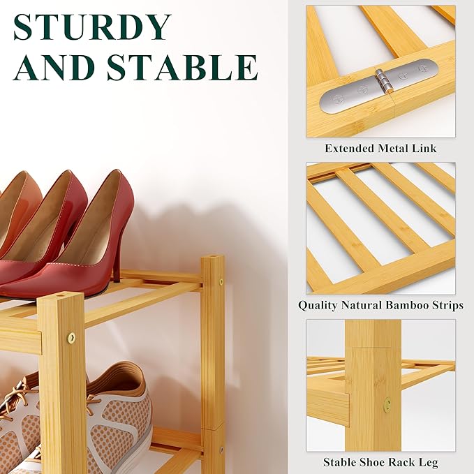 Smiry Shoe Rack, 2 Tier Bamboo Shoe Organizer, Stackable Free Standing Wooden Shoe Storage Shelf for Closet, Entryway, Front Door Entrance, Natural