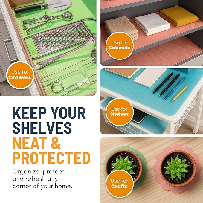 Refrigerator Liners for Shelves (8 Pack) by Linda’s Essentials - Non-Adhesive Shelf or Drawer Liner, BPA-Free Fridge Mats for Kitchen & Cabinets, Easy to Clean, Ideal Household Essentials(Multi Color)