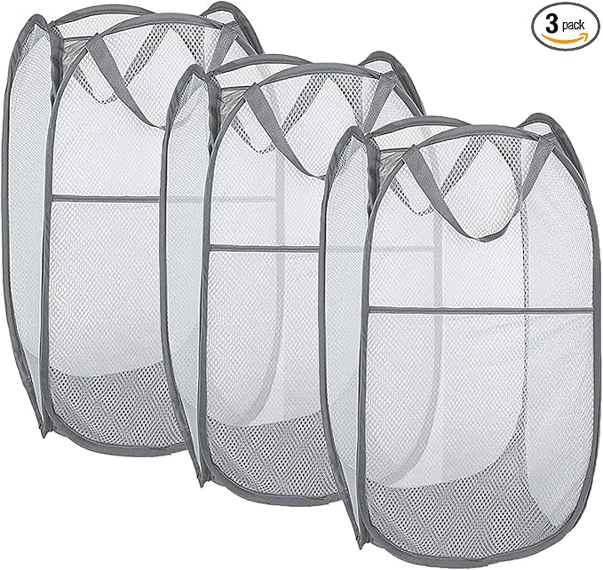 Larpur Pack of 3 Pop up Laundry Hampers, Collapsible Laundry Baskets, Portable Mesh Clothes Hampers for Home Room, College Dorm, Apartment, Foldable Hamper with Carry Handles, Gray
