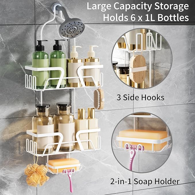 White Shower Organizer Hanging - 2 Over The Shower Head Caddies + Soap Dish, Stainless Steel Rust-Free Bath Organizer