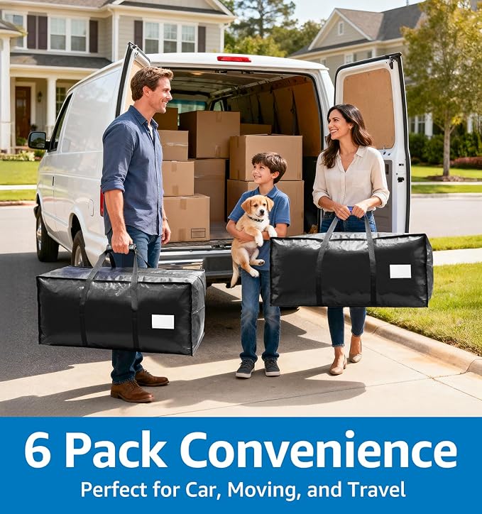 6 Pack Heavy Duty Moving Bags with Padded Wrap Around Handles-Strengthened Zipper Extra Large Storage Totes for Dorm College Clothes Black