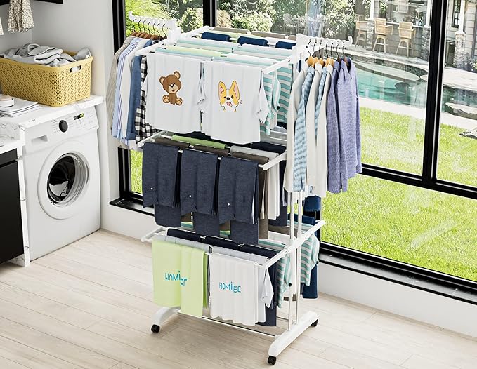 HOMIDEC Clothes Drying Rack, Large 4-Tier Foldable Drying Rack Clothing(67.7H x 19.7W x 30L Inches), Movable with 4 Castors. Multifunctional Stainless Steel Laundry Drying Rack, White