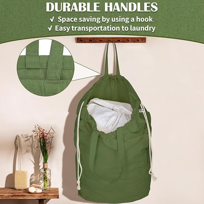 Canvas Laundry Bags with Handles & Square Base 13.8"Lx13.8"Wx27.6"H, Large Heavy Duty Laundry Basket Hamper Liner, College Dorm Washable Drawstring Canvas Dirty Clothes Bag (Army Green)