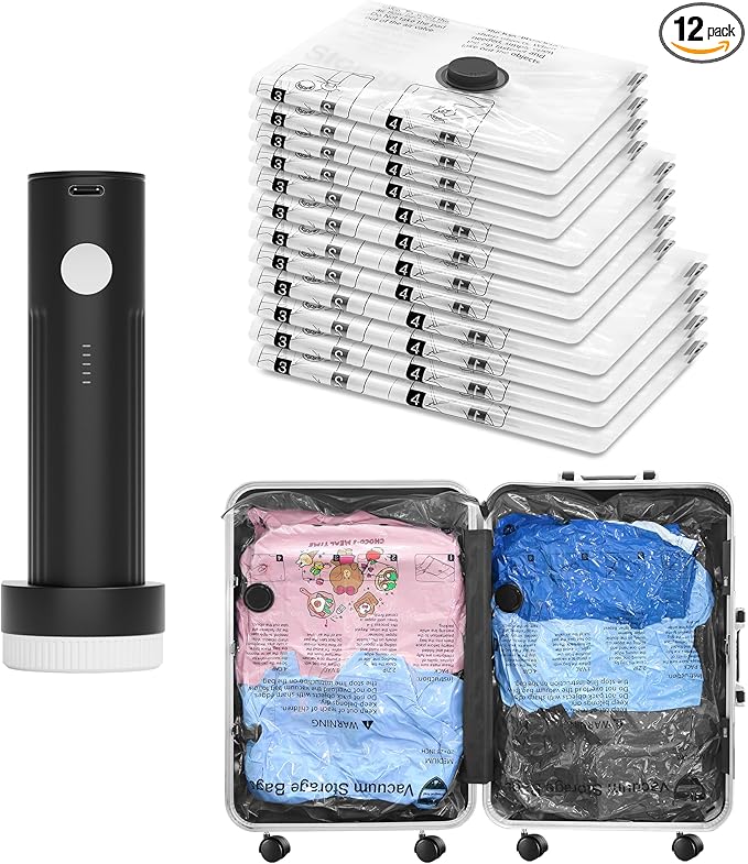 Vacuum Seal Bags for Clothing Travel and Home Storage, Travel Vacuum Bags with Electric Pump, Space Saver Compression Packing Cubes for Luggage Suitcase Bedding Blankets Clothes, 8 Combo