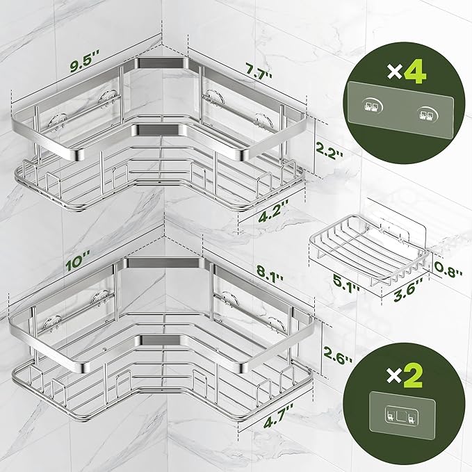 MAXIFFE 3 Pack X-Large Corner Shower Caddy with Soap Holder, Large Capacity Sturdy Easy Install No Drilling Stainless Steel Hold 40 LB Shower Organizer Shelves Rack for Family Renter Bathroom, Silver