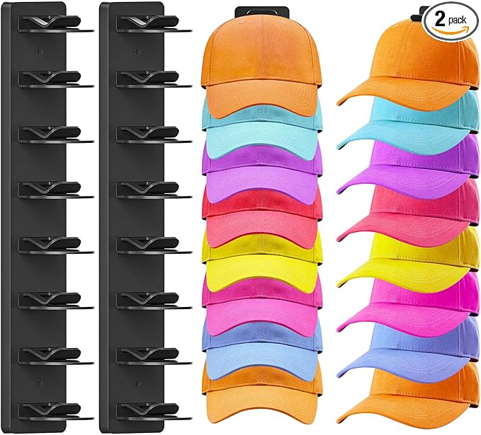 2 Pack Hat Organizer for Baseball Caps, Hat Rack for Wall Hold Up 16 Hats, Strong Adhesive & Screw-in Cap Holder hat hangers for Closet Door & Bedroom