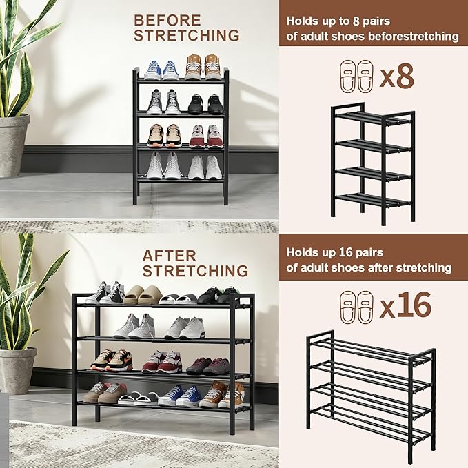 4-Tier Expandable Shoe Rack, Adjustable Shoe Shelf Storage Organizer Heavy Duty Metal Free Standing Shoe Rack for Entryway Closet Doorway (Black)
