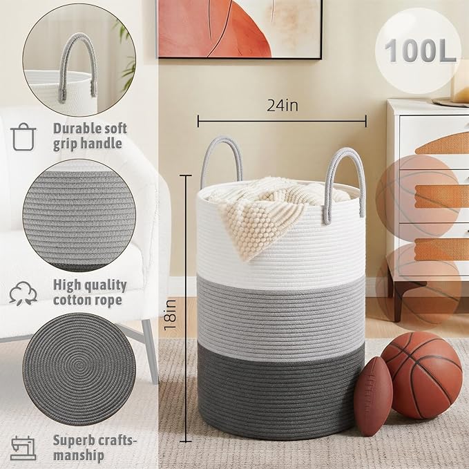 Laundry Basket,Woven Cotton Rope Laundry Hamper,100L for Decorative Storage of Dirty Clothes,Toys and Blankets in Bathroom,Bedroom and Living Room