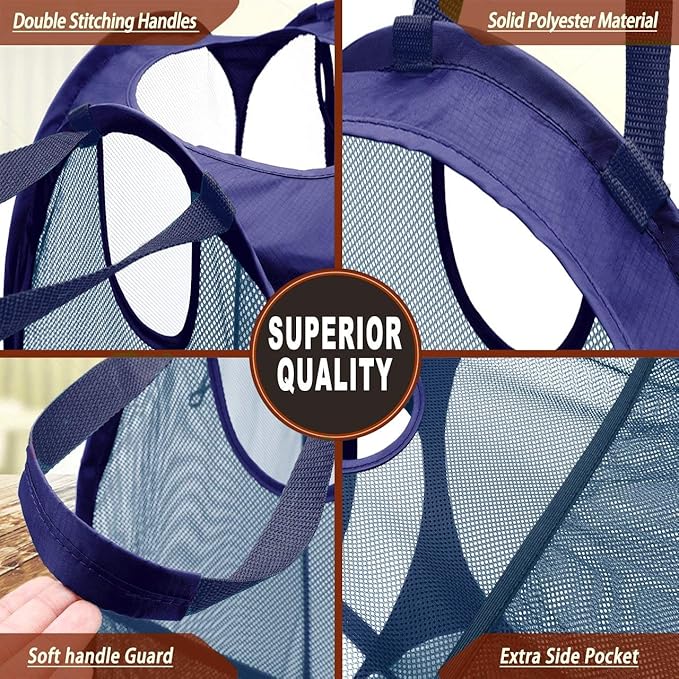 [Reinforced] Strong Mesh Pop-up Laundry Hamper, Quality Collapsible Laundry Basket with Durable Handles Solid Bottom High Carbon Steel Frame, Easy to Open and Fold Flat for Storage(Blue)