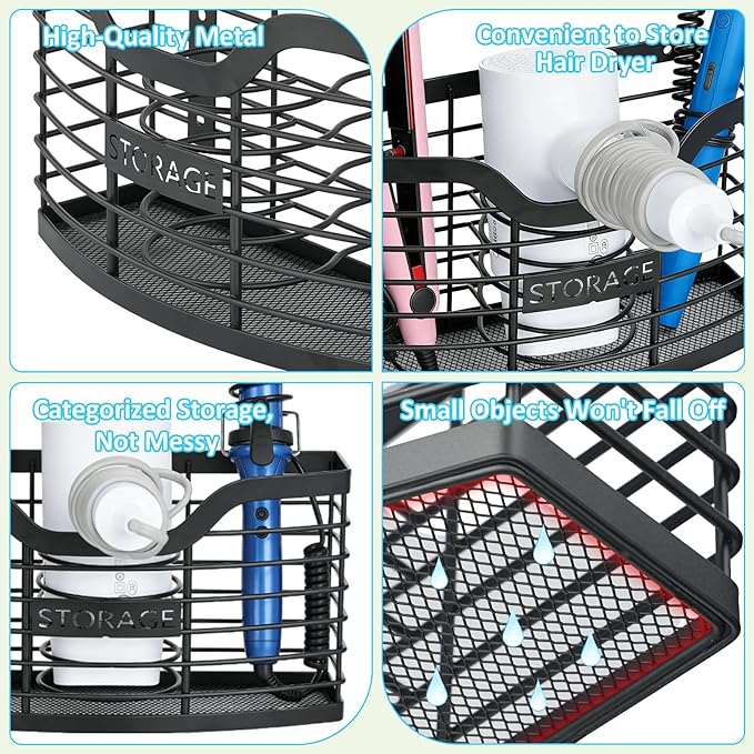 Hair Tool Organizer, Stainless Steel Hair Dryer Holder for Dresser, Bathroom Countertop & Cabinet Door, Wall Mount Storage Basket for Holding Hairdressing Curler, Blow Dryers, Shaver, Comb