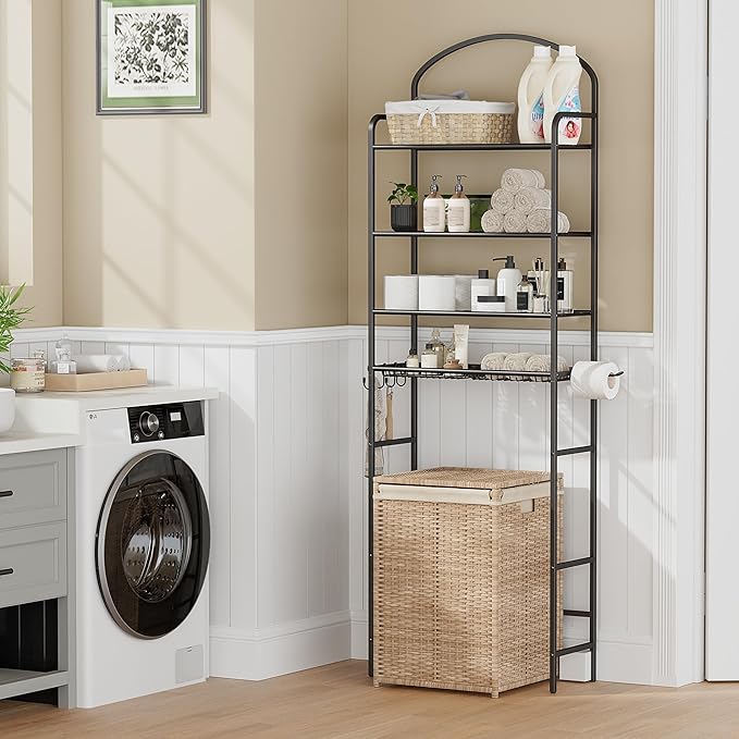 4-Tier Over The Toilet Storage, Bathroom Organizer, Space-Saving, Above Toilet Storage Rack with 4 Hooks and Paper Holder, Metal Shelf, Black