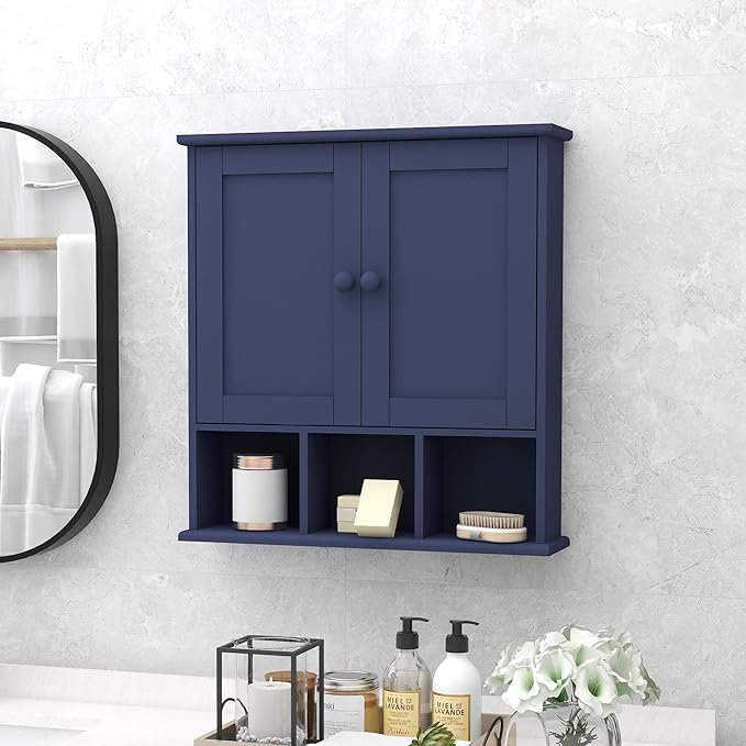 TaoHFE Blue Bathroom Over The Toilet Storage Cabinet,Wall Medicine Cabinet Organizer with 2 Door Adjustable Shelves,Wooden Modern Bathroom Shelves Wall Mounted Laundry Room