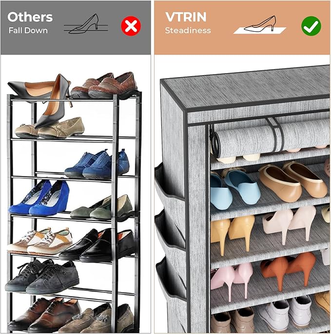VTRIN Vertical Narrow Shoe Rack Organizer Tall Shoe Rack for Closet Entryway 10 Tier Non-Woven Cover Shoe Shelf Holds 36-41 Pairs Free Standing Shoe Storage Cabinet with Dustproof Cover, Multi Color
