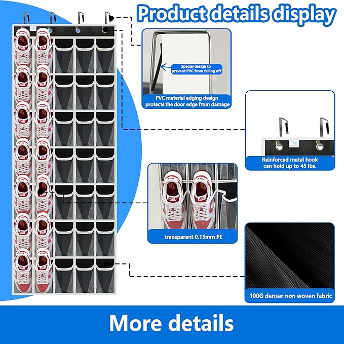 over the door shoe organizer,2025 upgraded,over door shoe organizer,35 Huge clear pockets,Store size 13 shoes,shoe organizer,Strong material,hooks Suitable for various doors,Black