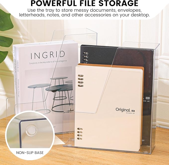 Vertical File Holder, Clear PET Desk Organizer and Storage Bins Holding for Magazines, Binders, Notebooks, Envelopes, Multi-purpose Plastic Document Organizer for Home Office, 4 pack