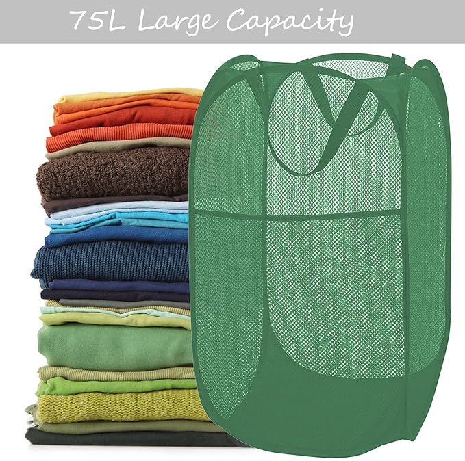 BATTOO Deluxe Strong Mesh Pop up Laundry Hamper Basket with Side Pocket for Laundry Room, Bathroom, Kids Room, College Dorm or Travel Green