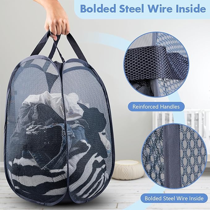 DUCOO Pop Up Hamper, 1 PCS Mesh Pop Up Laundry Hamper, Foldable Mesh Laundry Basket with Space-Saving Design for Home, Dorm, Travel & Storage - Blue