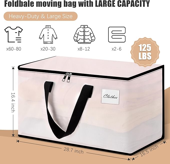 Heavy Duty Moving Bags - Extra Large Packing Bags and Storage Totes, Collapsible and Foldable Option for Moving and Storage, Multicolored, 125 L - 18 Pack