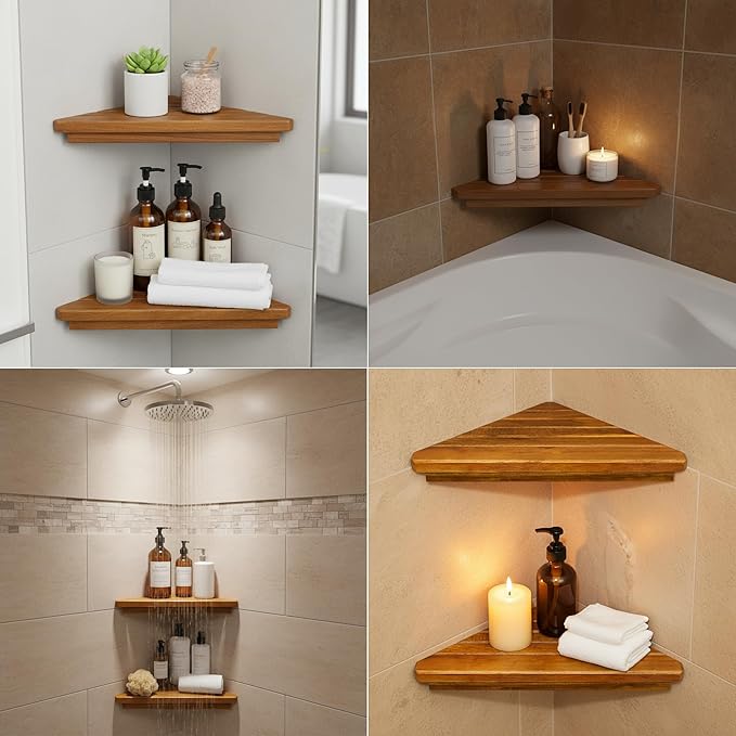 Wooden Corner Shower Shelf Triangular Corner Shelf Wooden Bathroom Shelf for Tiled Wall, 2 Pack Shower Corner Shelf, No Drilling Requied