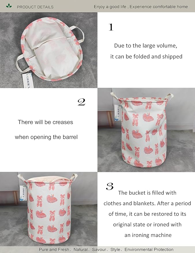 Round waterproof laundry basket,foldable storage basket,laundry Hampers with handle,gift basket,suitable for children's room and toy storage (Pink lace dance shoes)