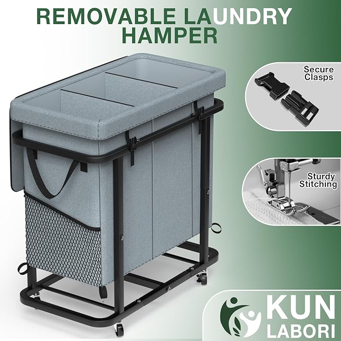60 Gal (230L) High Grade Large Laundry Basket with Wheels, Rolling Laundry Hamper, Laundry Cart with Metal Frame and Removable Bag Design, Suitable for Laundry Room, Bedroom (Grey, 3 Section 230L)