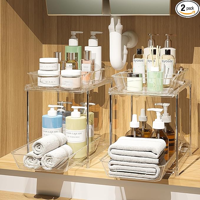 2 Sets of Under Bathroom Sink Organizer, 2-Tier Multi-Purpose Clear Medicine Cabinet Organizer, Pull Out Home Organization Must Haves 2026 with Movable Dividers
