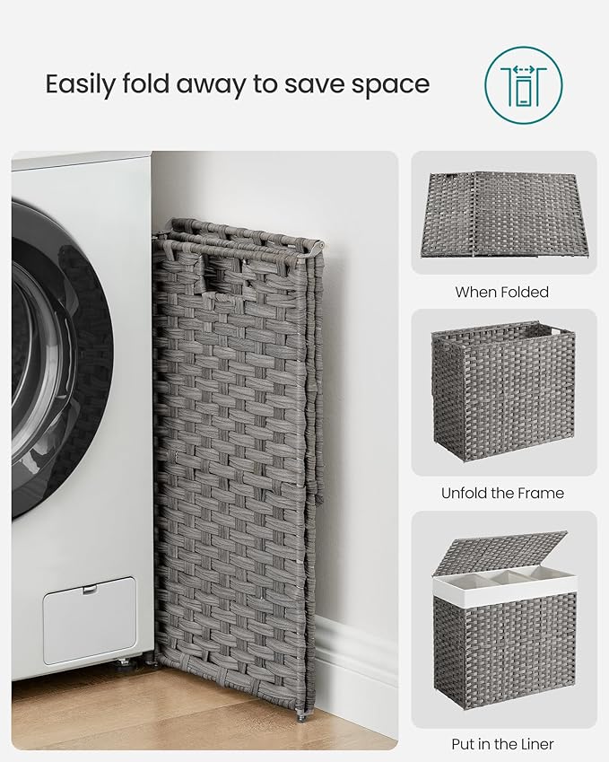 SONGMICS Laundry Hamper with Lid, 42.3 Gallons (160 L), Rolling Laundry Basket with Wheels, 3-Section Synthetic Rattan, Removable Liner, Bedroom, 29.9 x 13 x 26 Inches, Gray ULCB365G01