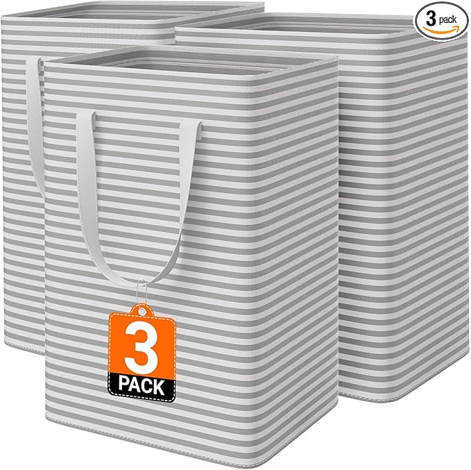 3 Pack Laundry Hamper, Waterproof & Freestanding Large Laundry Basket, Collapsible Clothes Hampers with Easy Carry Long & Reinforced Handles in Bedroom Bathroom, College Dorm(75Lx3, Gray)