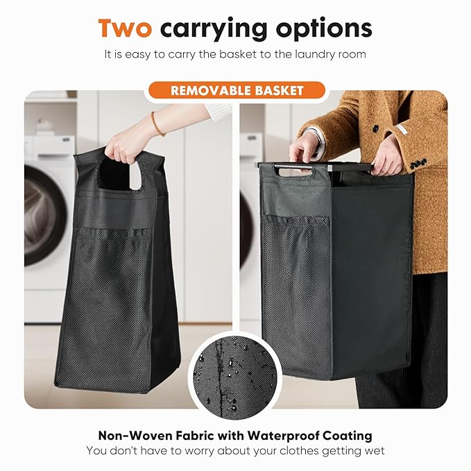 DUMOS Laundry Hamper with 1 Pull-Out Removable Sorter Bags, Movable Wheels, Freestanding Clothes Basket Organizer in Bathroom, 1 × 18.3Gal (69L) Capacity, Rustic Brown and Black