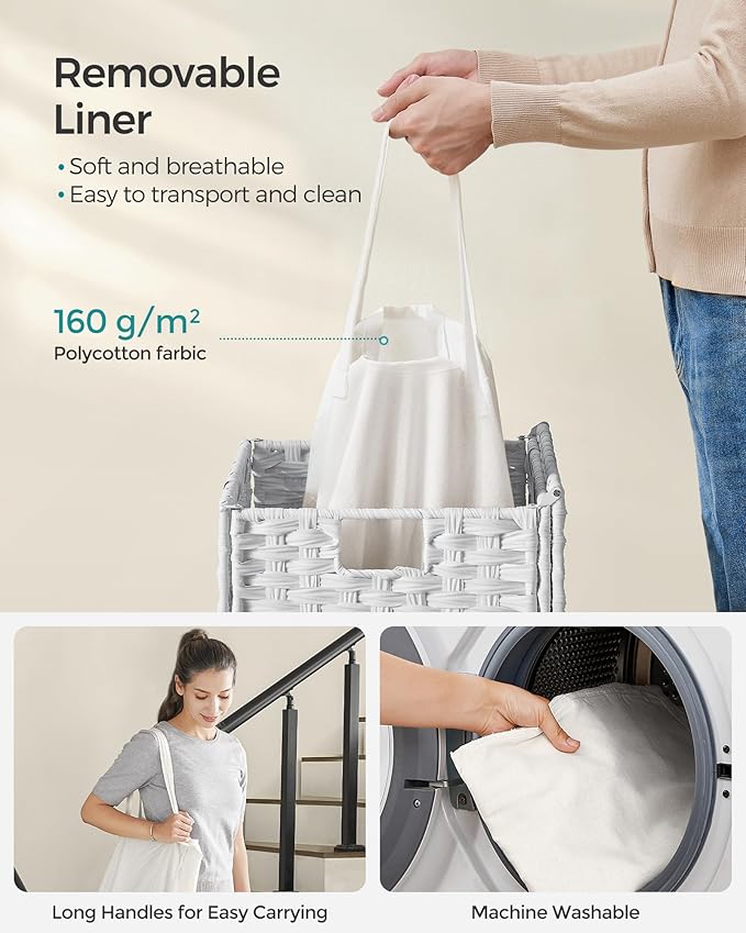 SONGMICS Laundry Hamper with Lid, 23.8 Gallon (90 L) Synthetic Rattan Clothes Laundry Basket with Lid and Handles, Foldable, Removable Liner, Cloud White ULCB51WT