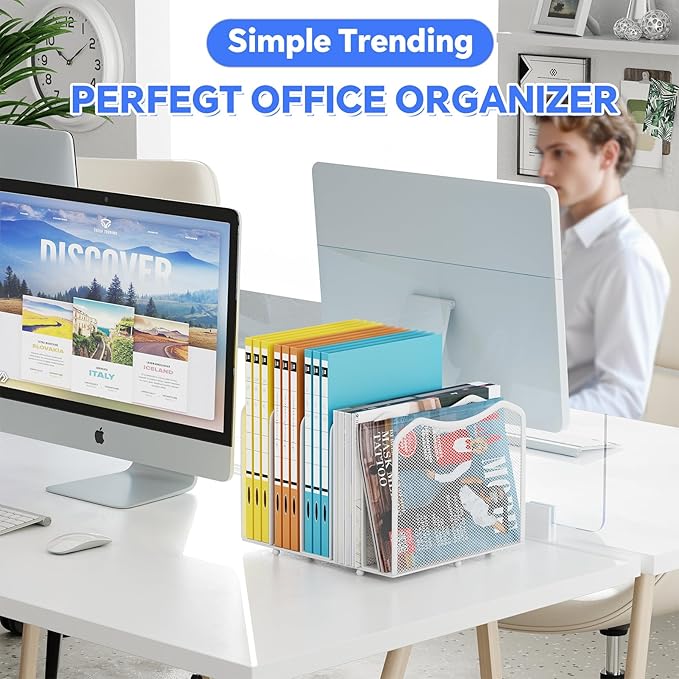 Simple Trending Mesh Desktop File Sorter Organizer, 5-Section Bookshelf for Desk Home Office, White